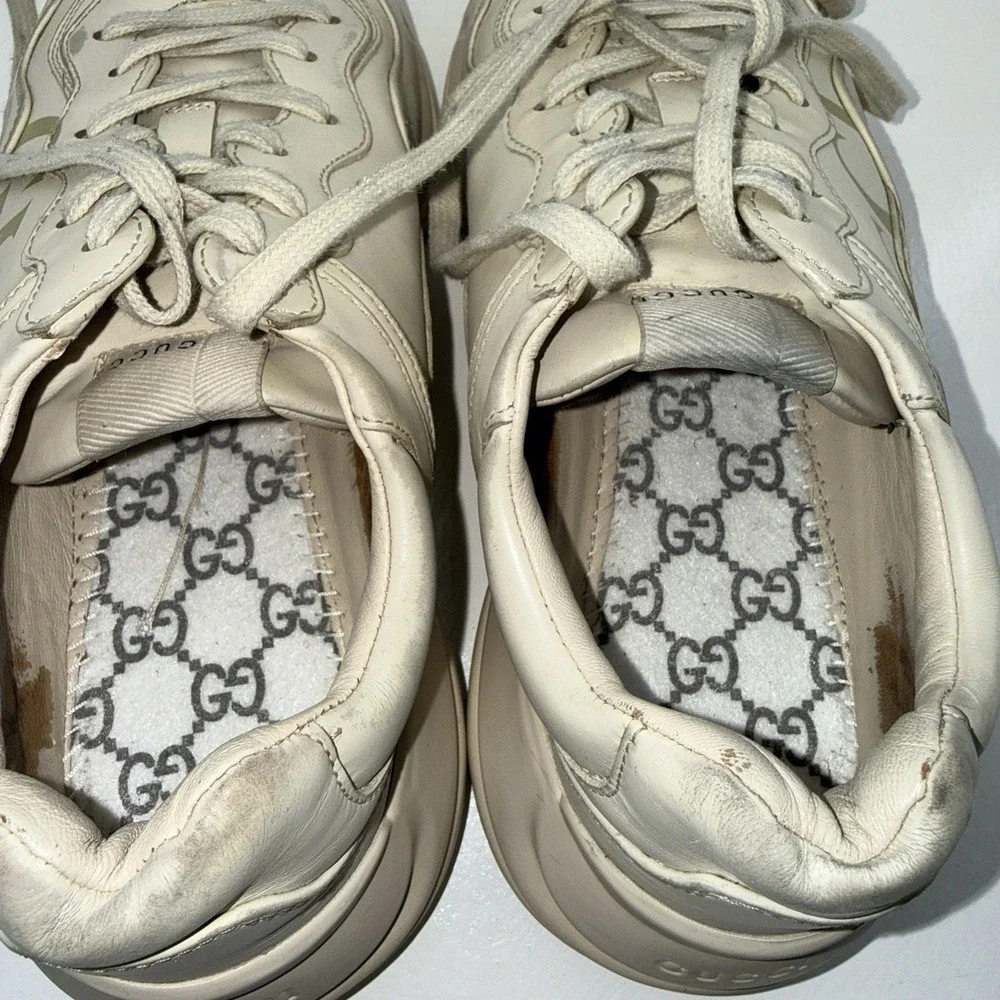 Gucci Rhyton Web Print Leather Sneakers Mens 9.5G US10 EU43.5 Ivory 523535 Italy